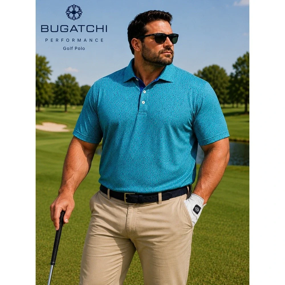 Bugatchi Performance Mens XXL Teal Blue Damask Floral Print Golf Polo Shirt